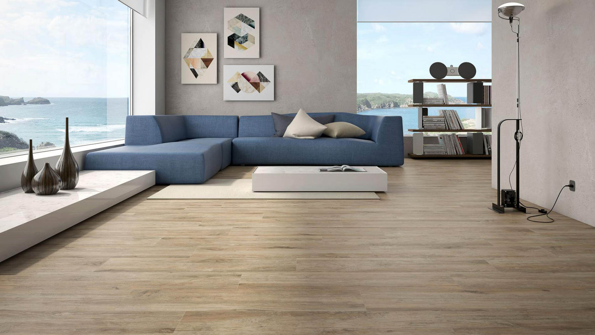 Salón con porcelánico imitación madera