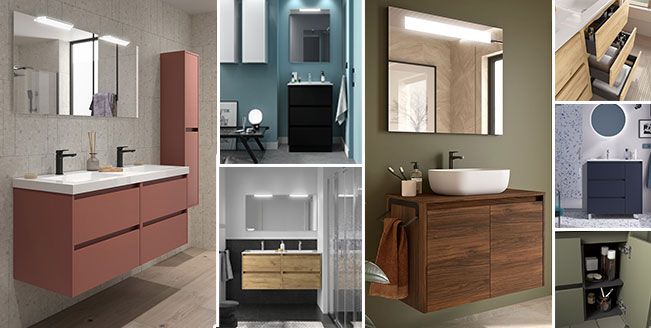 La imagen muestra una variedad de diseños modernos de muebles de baño, resaltando la diversidad en color, material y estilo, lo cual es interesante para aquellos que buscan explorar diferentes opciones estéticas para baños. Si estás considerando renovar tu baño y buscas inspiración o servicios personalizados, en Construcciones Carmona podemos ofrecerte soluciones a medida que se adapten a tus preferencias y necesidades