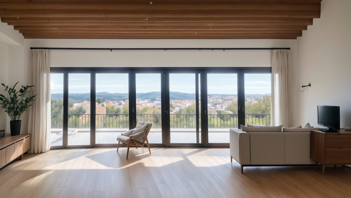 Vista detallada de un salón moderno renovado con grandes ventanas