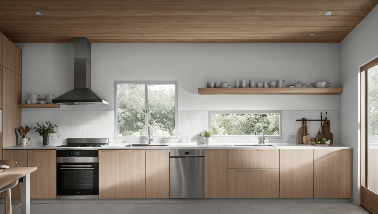 Diseño de cocina moderno con electrodomésticos inteligentes y materiales sostenibles
