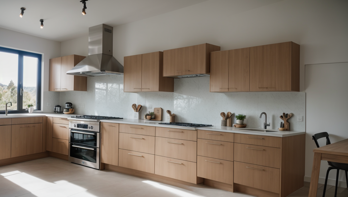 Cocina moderna con materiales sostenibles y electrodomésticos de bajo consumo