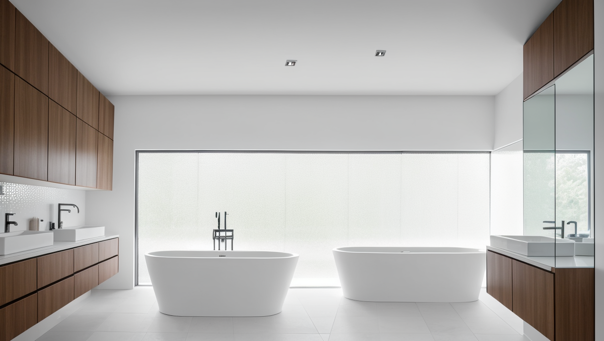 bañera con estantes flotantes y muebles multifuncionales