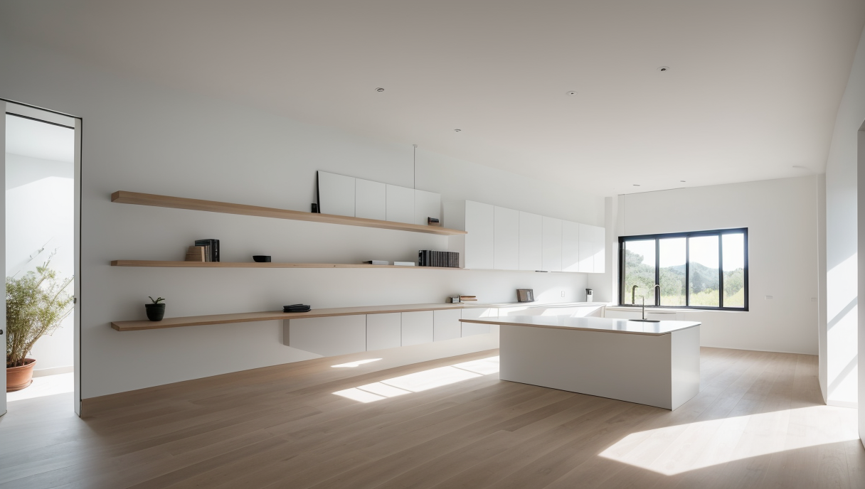 Imagen de un interior con diseño minimalista y estantes flotantes