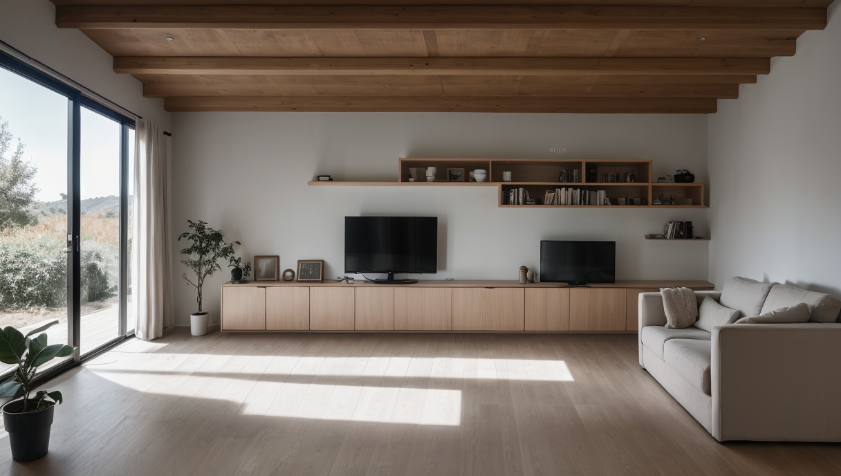 Imagen de un salón con almacenamiento integrado y diseño minimalista