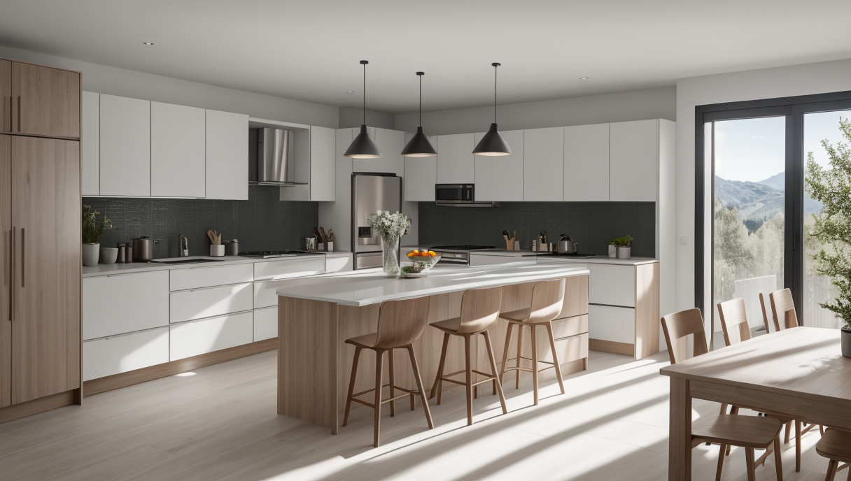 Cocina moderna reformada con tecnología inteligente y materiales sostenibles