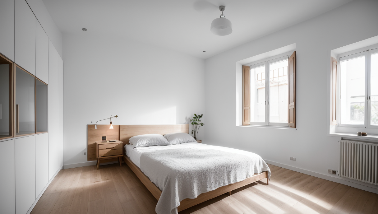 Dormitorio reformado con almacenamiento vertical y decoración minimalista