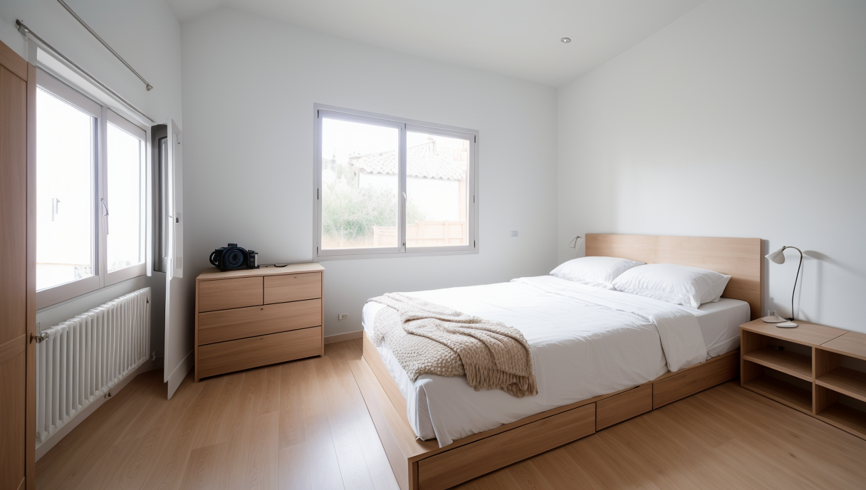 Dormitorio reformado con almacenamiento integrado y diseño minimalista