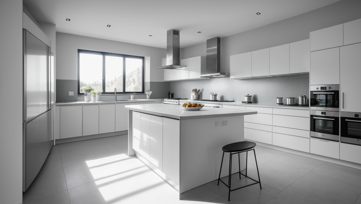 Cocina moderna con electrodomésticos integrados y diseño minimalista