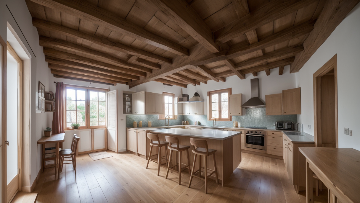 Vista de una cocina multifuncional en una casa rural renovada