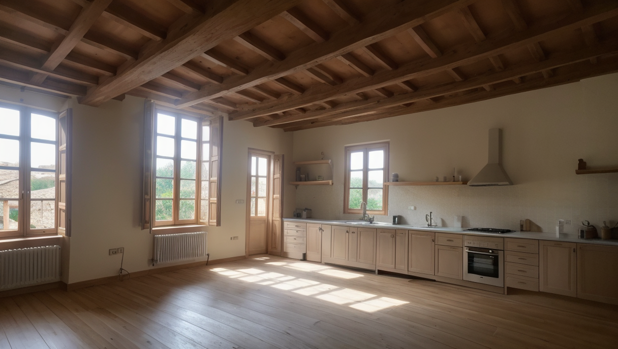 Imagen que muestra una vivienda moderna con paneles solares en la cubierta y un sistema de aerotermia instalado