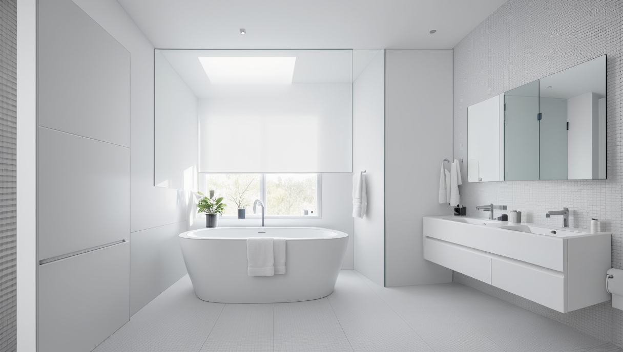 Baño minimalista con acabados suaves