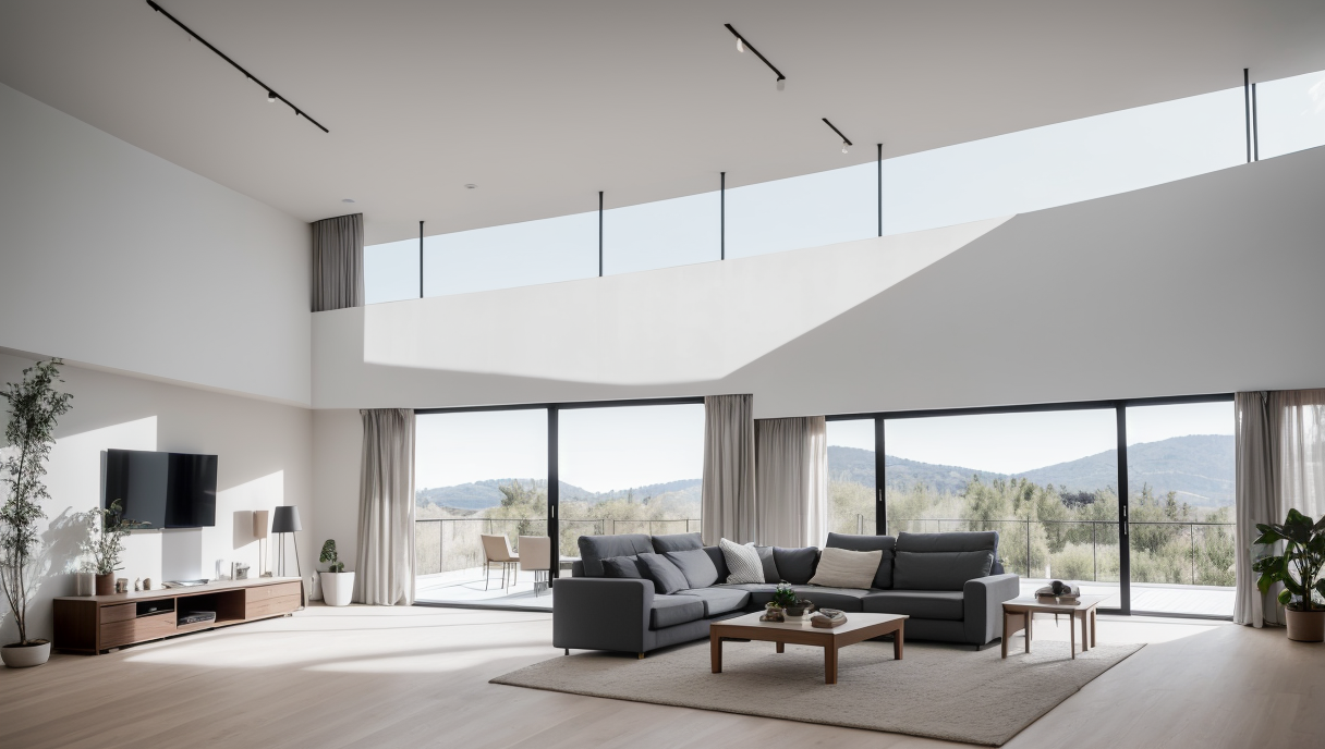 Un amplio salón moderno con líneas limpias y muebles contemporáneos