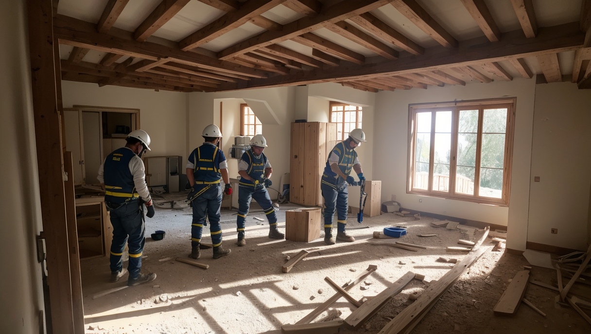 Un equipo de trabajadores calificados en equipos de protección trabajando en un proyecto de renovación