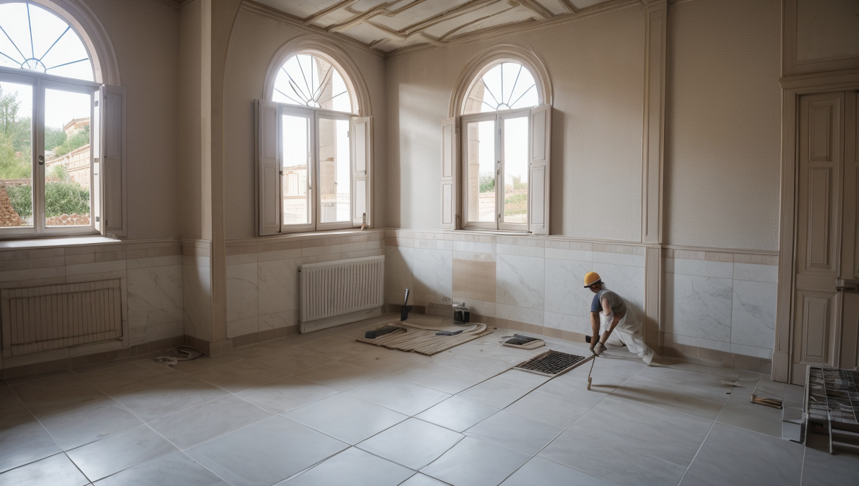 Técnico aplicando azulejos durante una reforma