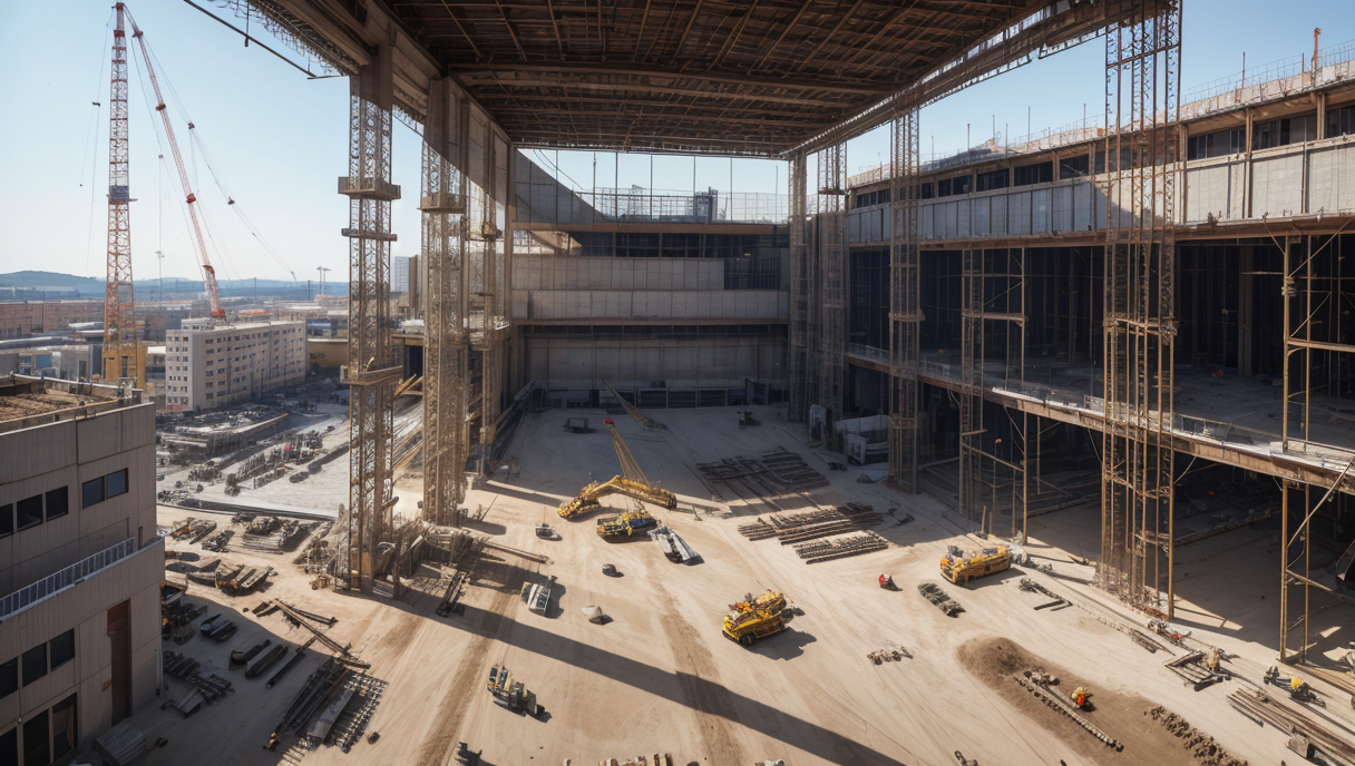 Vista detallada de una obra con trabajadores y grúas