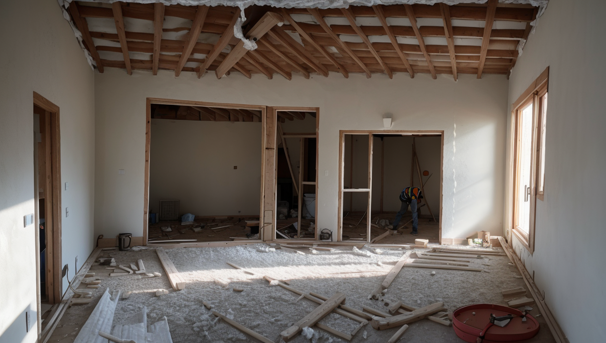 Vista detallada de trabajadores de construcción aplicando aislamiento en las paredes de una casa durante la renovación