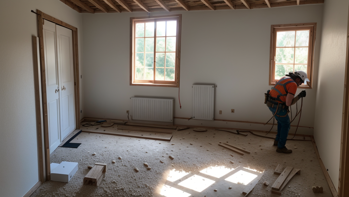 un trabajador instala aislamiento en una obra de rehabilitación