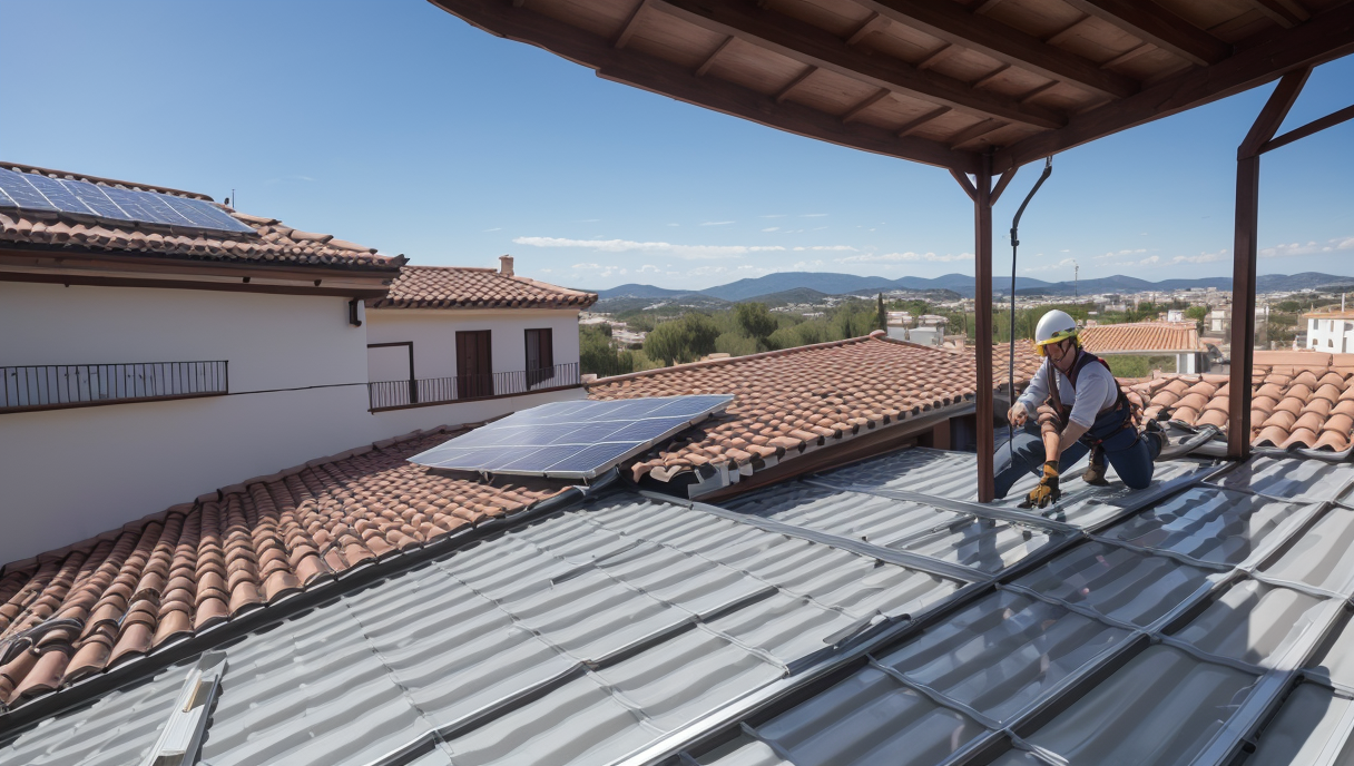 un trabajador instala placas solares en un techo
