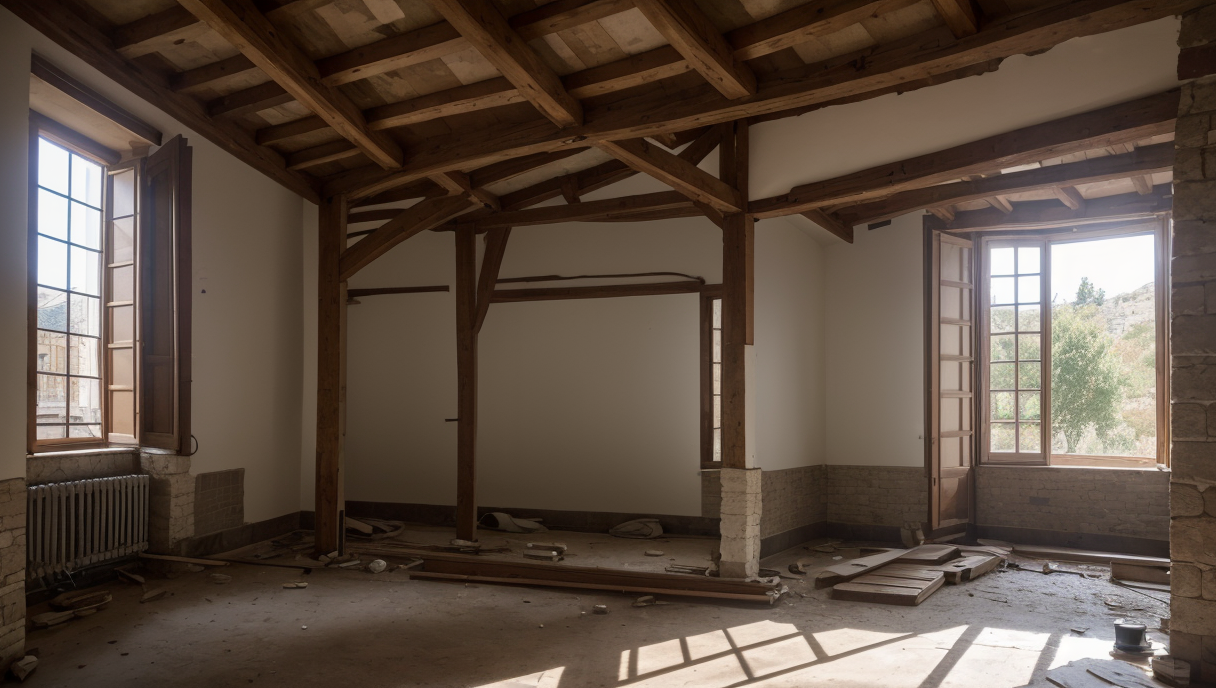 equipo de trabajadores realizando renovaciones extensivas en un edificio antiguo