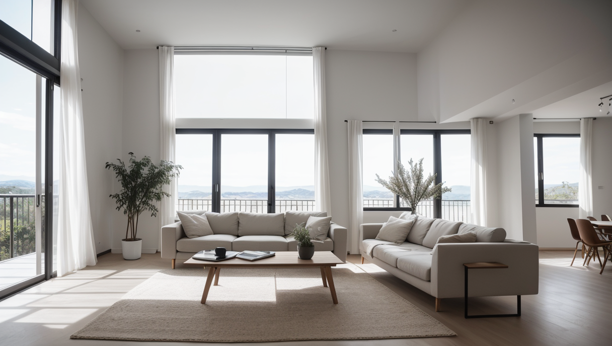 Salón moderno con grandes ventanas y decoración minimalista