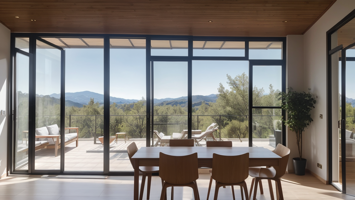 Interiores modernos con placas solares y ventanas eficientes energéticamente