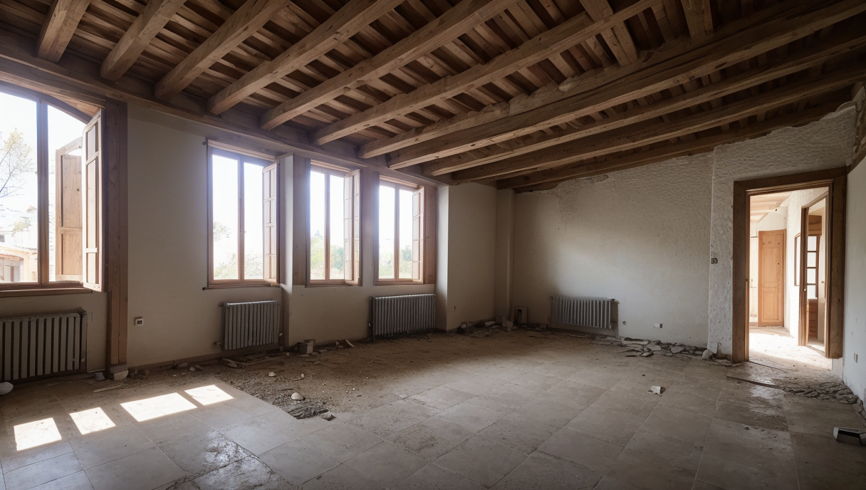 vista detallada del sitio de renovación con trabajadores y materiales