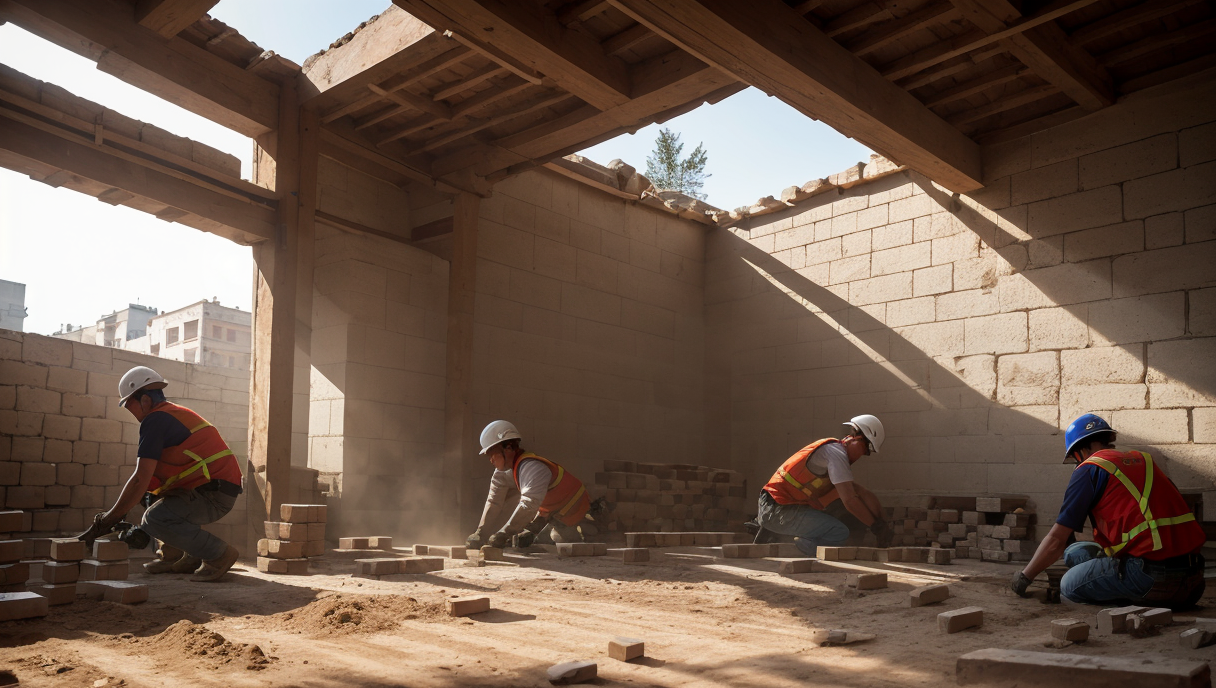 Descripción SEO de obreros colocando ladrillos en una obra de construcción