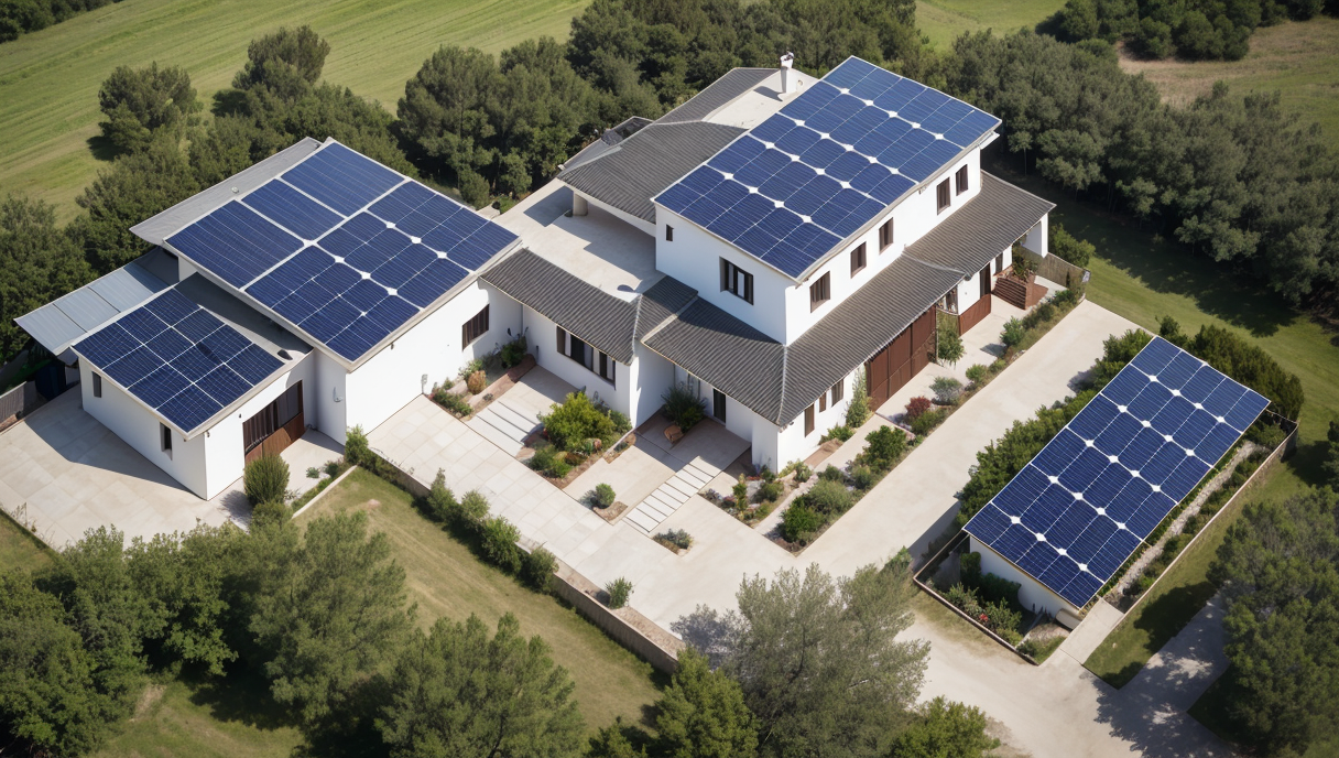Vista aérea de una casa con placas solares instaladas