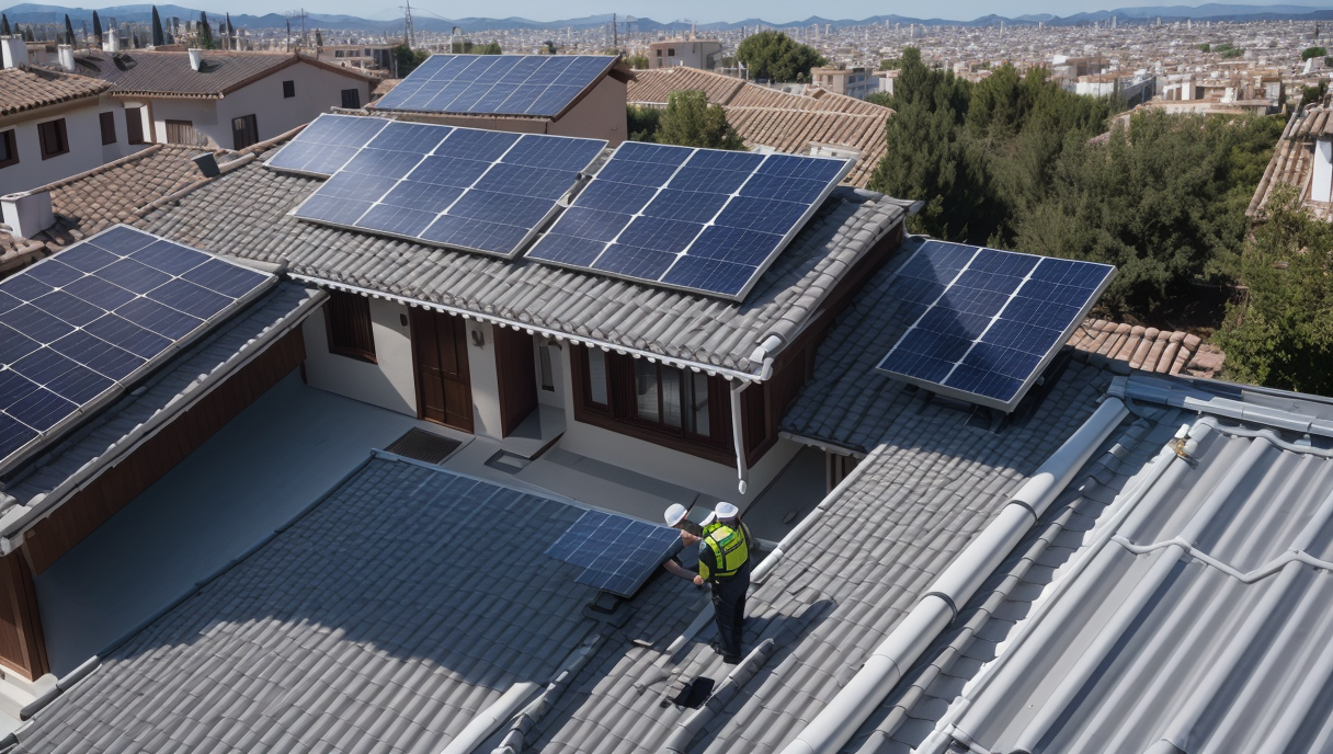 Técnico revisando una instalación de placas solares en un techo residencial