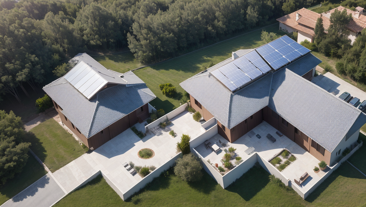 Vista panorámica de una casa con placas solares instaladas