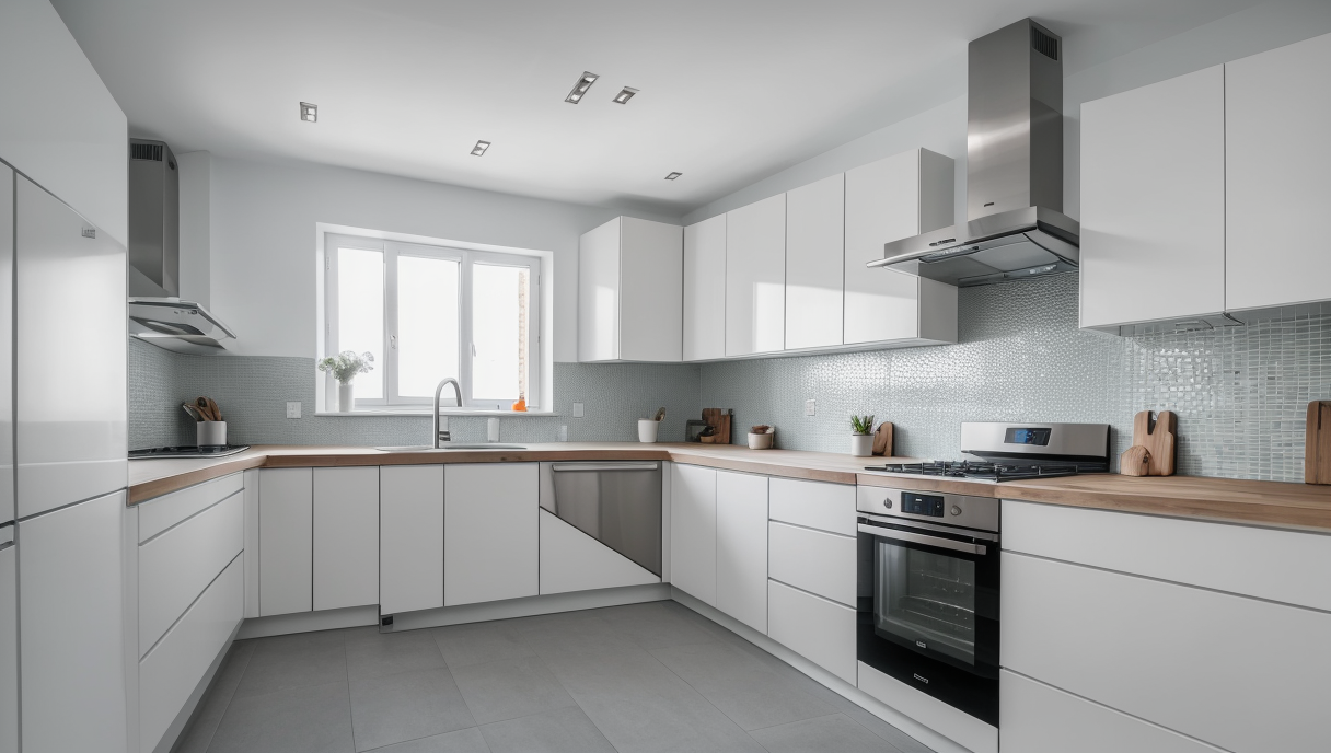 Vista detallada de una cocina renovada con electrodomésticos modernos y acabados elegantes