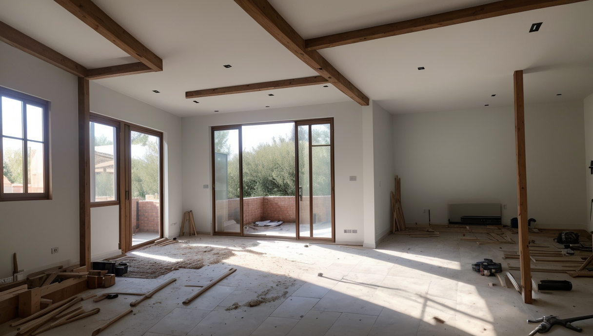 Escena de una renovación en curso en un hogar moderno con herramientas y materiales de construcción