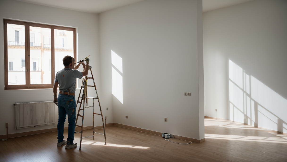 pintor aplicando pintura en las paredes de un gran salón de apartamento