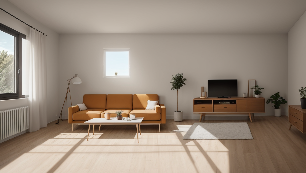 Salón con muebles minimalistas y colores cálidos