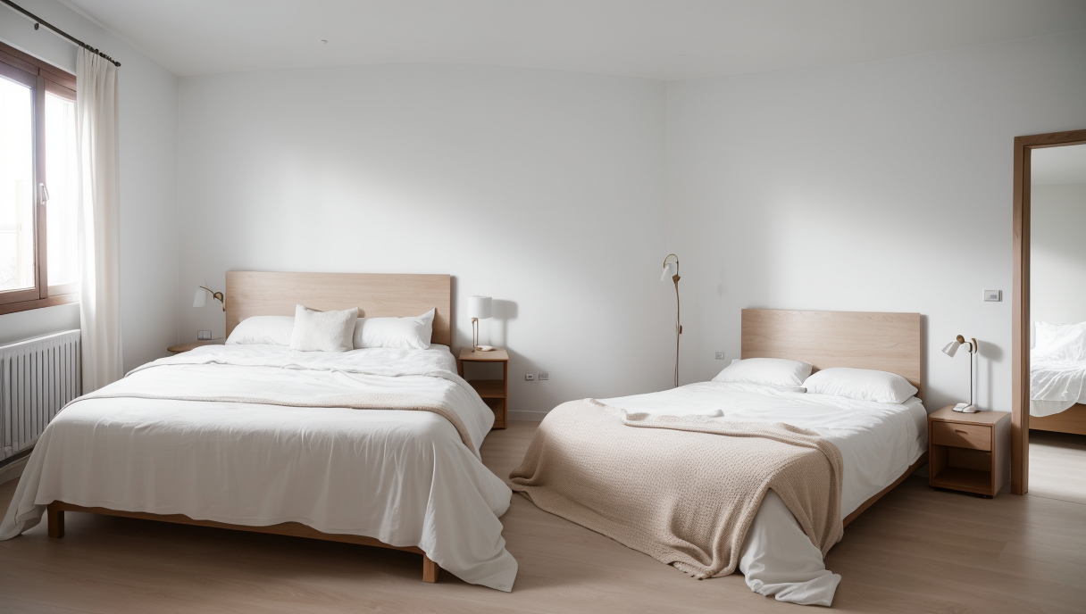 Dormitorio con texturas suaves y iluminación cálida