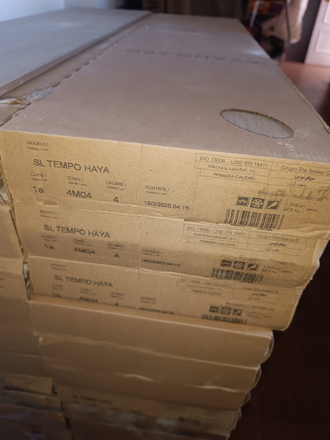 Cajas de porcelánico SL Tempo Haya de primera calidad tono 4M04 usadas en el solado de Moralzarzal