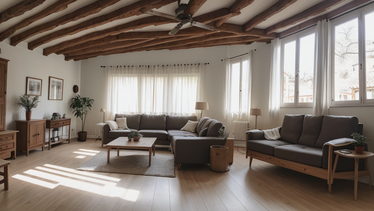 Imagen de una sala de estar renovada con equipo de aerotermia