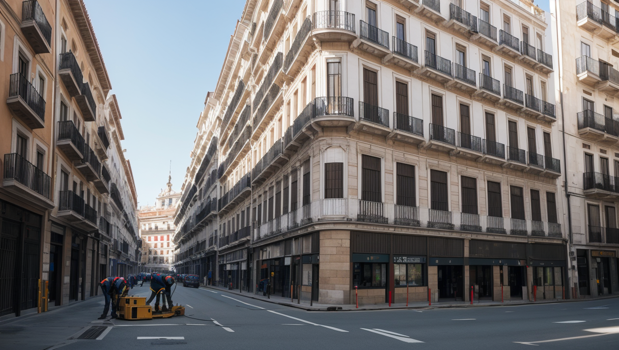 Trabajadores aplicando el sistema SATE en una fachada de edificio