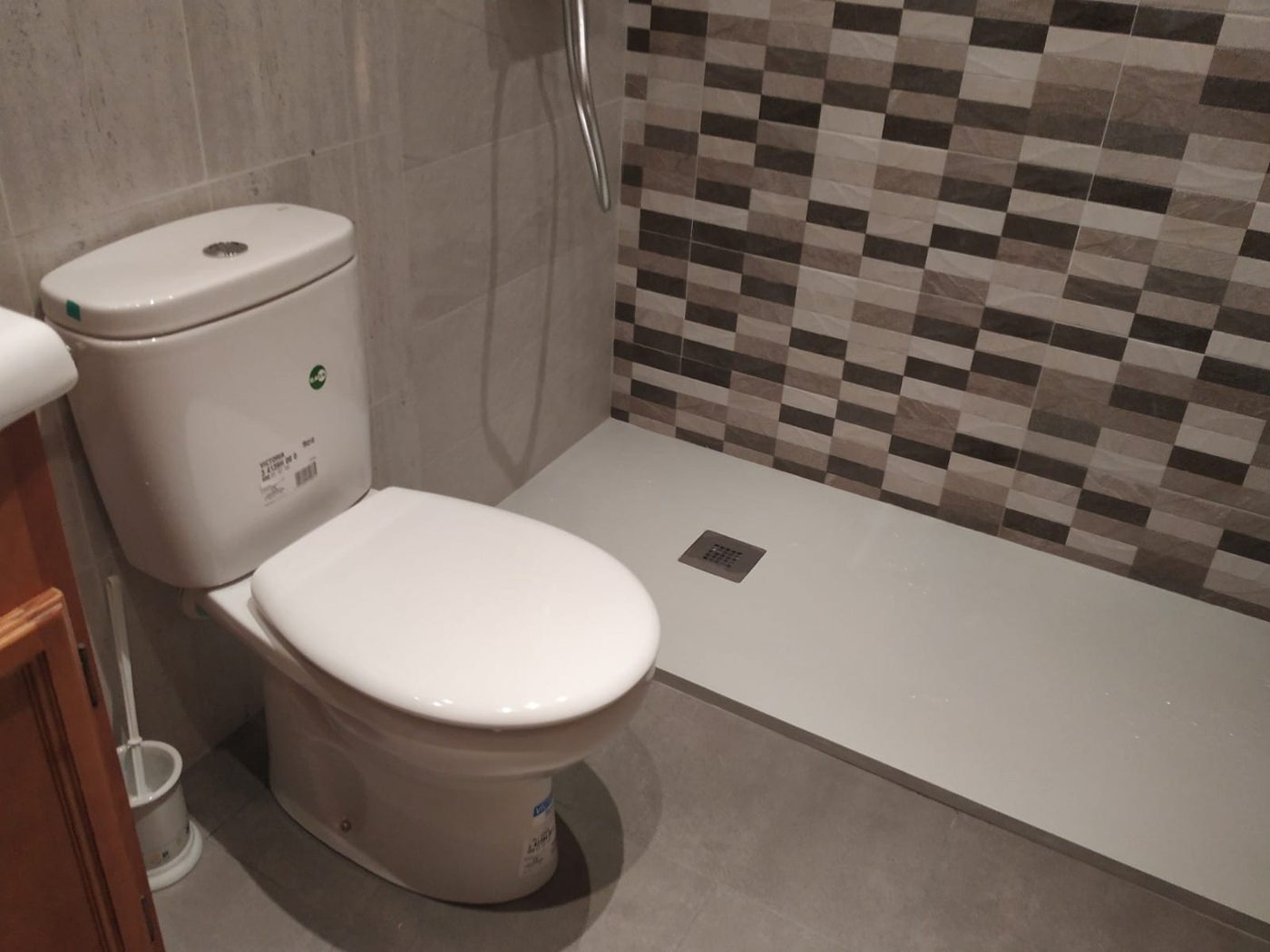 Inodoro de doble descarga y plato de ducha instalados en el baño reformado
