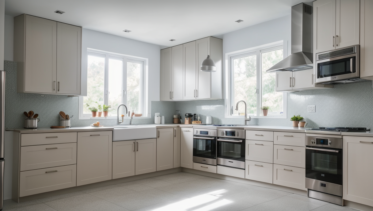 Imagen de una cocina renovada con electrodomésticos y accesorios modernos