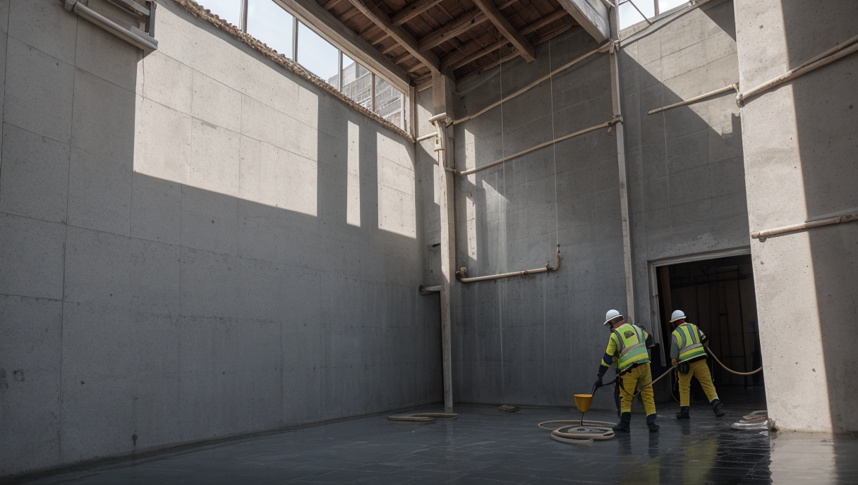 trabajadores aplicando material antisalpicaduras en las paredes de un edificio
