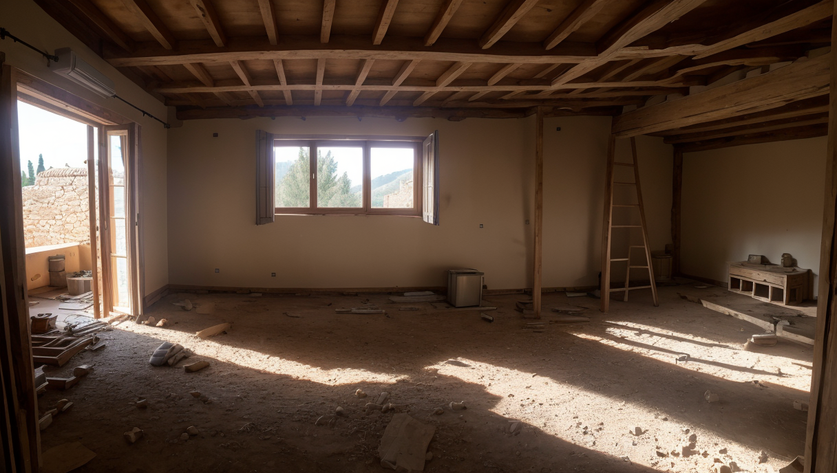 Una casa sometida a renovación con trabajadores en segundo plano