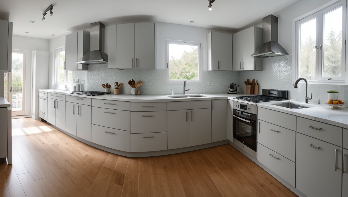 Cocina reformada con electrodomésticos modernos y muebles