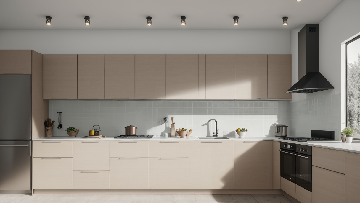 Escena de renovación de cocina moderna con nuevos muebles y electrodomésticos