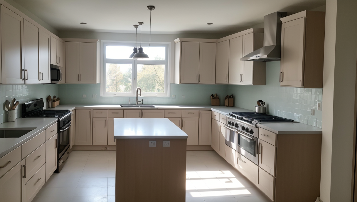 Imagen de una cocina en proceso de renovación con trabajadores instalando muebles