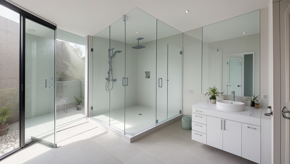 Baño moderno con puerta de ducha sin marco