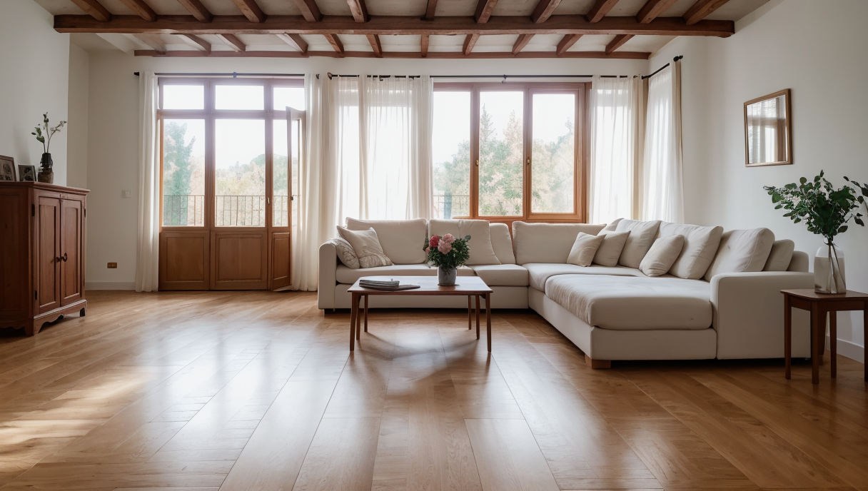 Imagen de una sala de estar renovada con suelo de parquet