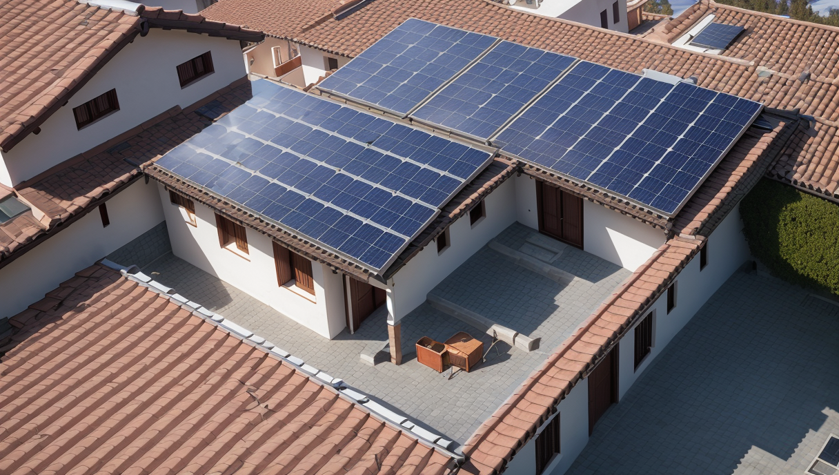 Un hombre instalando paneles solares en el tejado de una casa
