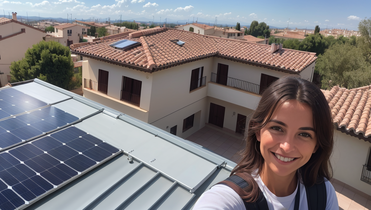 Un propietario sonriendo junto al nuevo sistema de paneles solares instalado en su techo