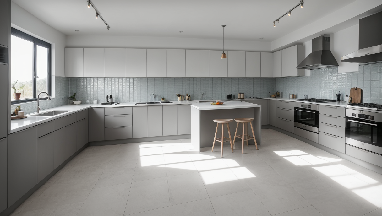 Descripción SEO de una cocina moderna con suelo radiante y un piso de azulejos estilizado